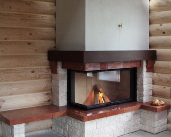 Камин в стиле Рустик в пристенно-угловом исполнении и угловой топкой Schmid Камин в стиле Рустик в пристенно-угловом исполнении и угловой топкой Schmid